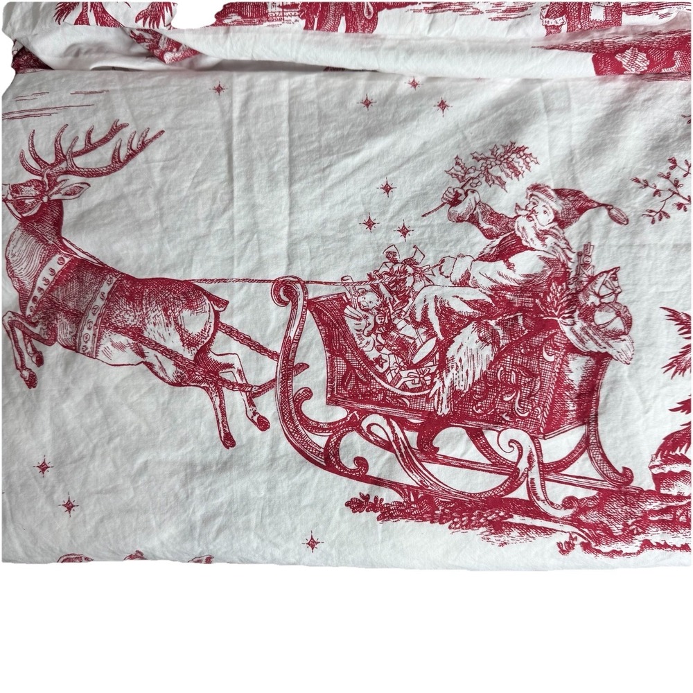 Rare Pottery Barn Santa Toile Sheet Set Red Twin XL Christmas Holiday French EUC - Picture 2 of 9
